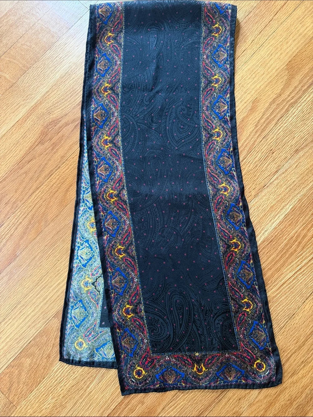 Vintage Silk Scarf Black Paisley Jacquard Oblong Scarf